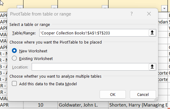 PivotTable dialog
